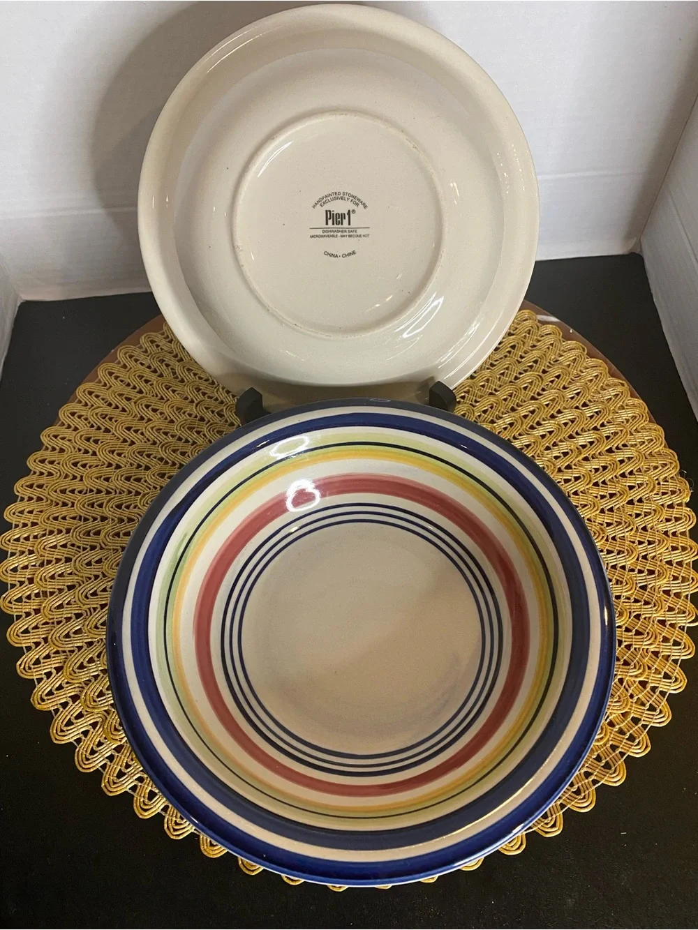 Pier 1 Striped Ceramic Dinner Bowls in Blue, Yellow, Red and Cream - Set of 4